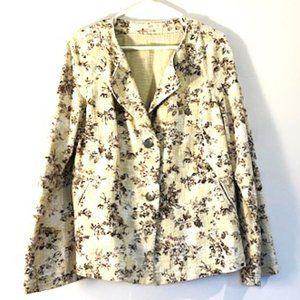 J. Jill Light Yellow All Cotton Blazer with Black Floral Pattern